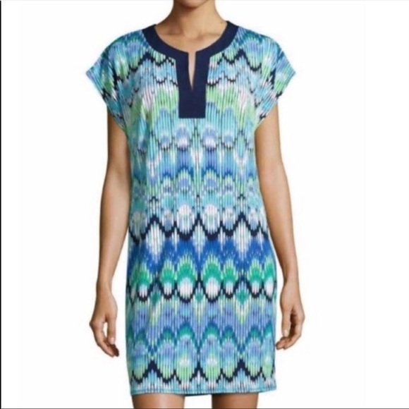 NWT Laundry Dress Size Medium Blue Green Geo Striped Design Shift - Picture 5 of 8